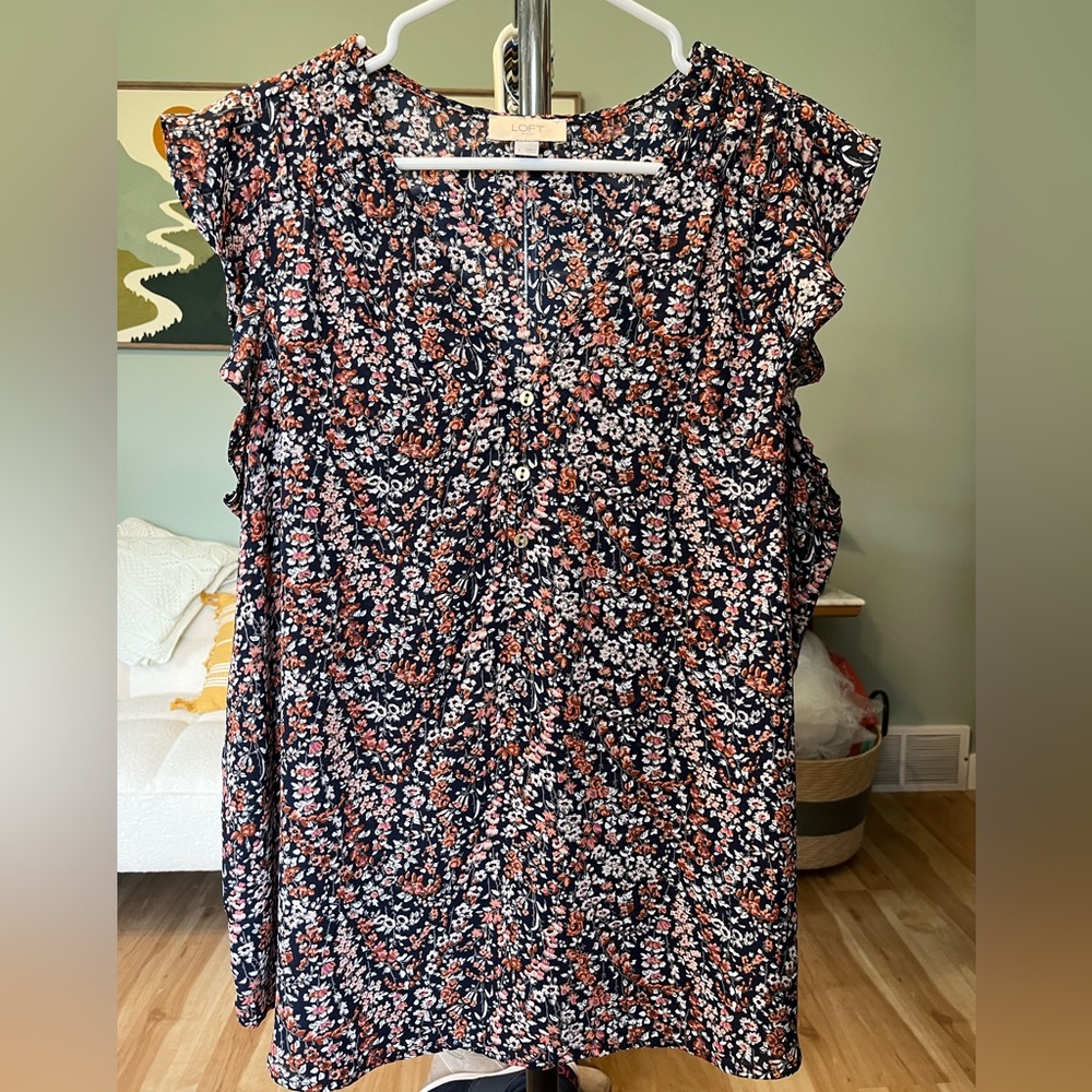 LOFT Navy Floral Cap-Sleeve Blouse with Pink & Rust Flowers